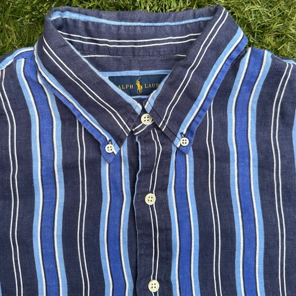 Ralph Lauren 100% Linen Blue Striped Button Down Long Sleeve Collared Shirt XXL